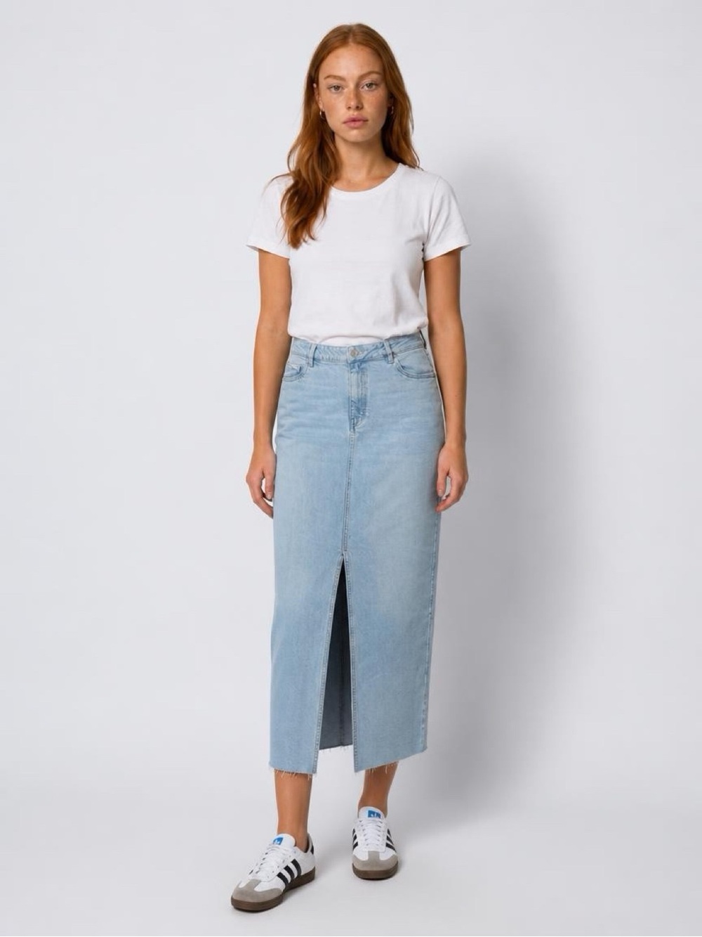 Women's Light Blue Straight Leg Denim Maxi Skirt with Front Slit